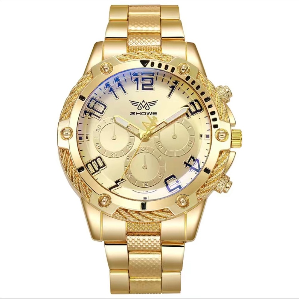 classic quartz golden tone stainless steel men’s watch,1.5” diameter, new